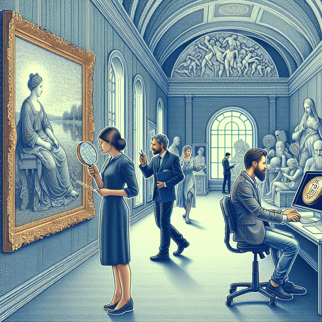A detailed, highly-defined image depicting a scene in an art gallery. The setting features a female Caucasian curator examining a beautifully preserved classic artwork with a magnifying glass. Adjacent to this, a South Asian male artist is seen working on a piece of digital art on his computer, symbolizing Non-Fungible Tokens (NFTs). The juxtaposition highlights the changing dynamics and the breadth of highly sought-after professionals in the field of art.