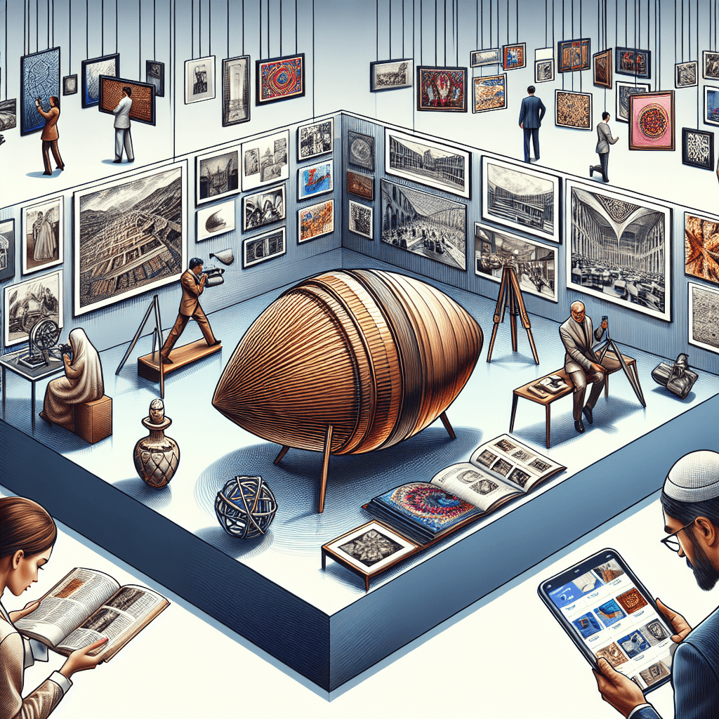 A detailed image to illustrate a concept about influential collectors of the 21st century, showing different strategies and visions. Picture a vast room with various contemporary art pieces on display. There's a Caucasian man meticulously examining a piece of modern sculpture, highlighting his vision, and a Hispanic woman showcasing her strategy by aligning different photographic works. Also, include Middle-Eastern individuals going through catalogs of online auctions on their handheld electronic devices, representing the incorporation of technology in current day collecting strategies.