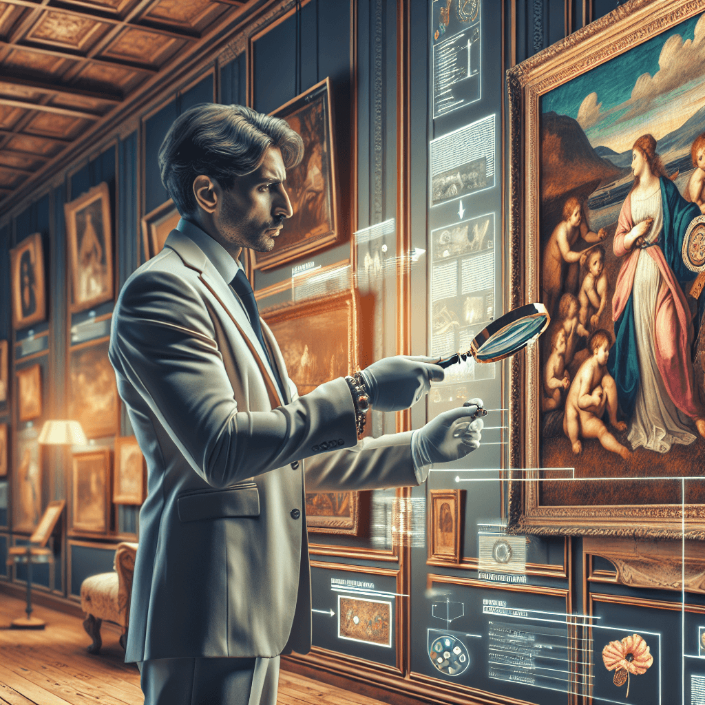 An image showcasing the craft of an art expert, often referred to as 'Perito d'Arte' in Italian. Capture a scene where this professional is analyzing a piece of classical art from the pre-1912 era, possibly scrutinizing brushstrokes and color palettes. The backdrop can be a tastefully decorated room filled with an assortment of equally old and exquisite artwork. Please include a magnifying glass in the art expert's hand, enhancing the intricate details of the vintage painting. Make sure to also incorporate elements of informational graphics, such as annotations and diagrams, suggesting the expert's analysis and expertise.