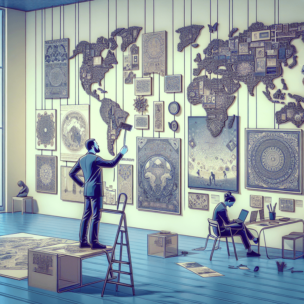A stylized image that captures the essence of a biennale curator's role, vision, and global challenges. This could include the curator, represented as an individual of Asian descent, thoughtfully assembling different pieces of artwork from around the world on the walls of a large and airy gallery. The artwork pieces should represent a range of styles, cultures, and periods, illustrating the global nature of their role. Various challenges such as coordinating different art styles, overcoming language barriers, and dealing with logistical issues should be subtly depicted. The atmosphere should be one of focus, determination, and creativity.