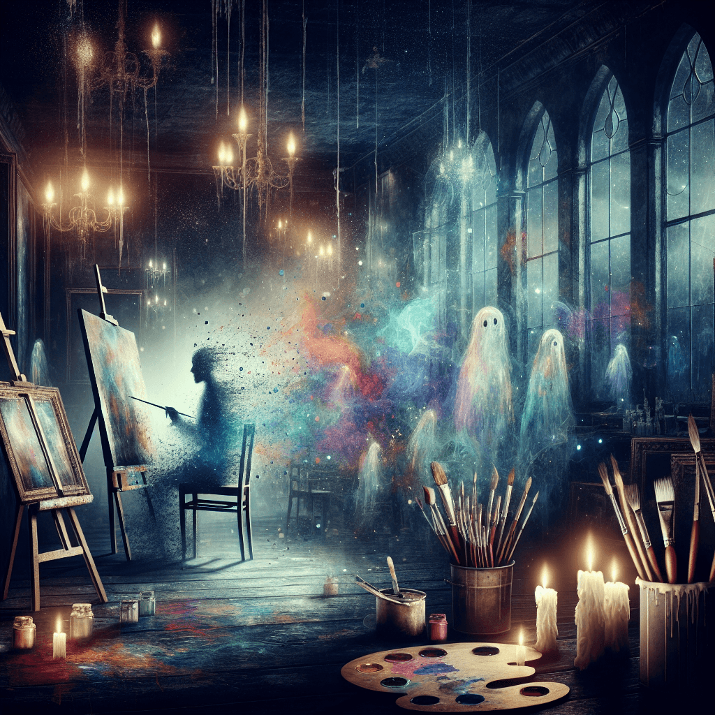 A hauntingly beautiful night scene of an old, dimly-lit, and slightly eerie art studio. There're brushes that seem to move on their own, painting on canvases with invisible hands. Splashes of vibrant paints floating whimsically in the air. Also, mysterious and elusive silhouettes of figures, possibly the ghost painters, are visible in the corners of the room, giving an intriguing spectral feel. A subdued gothic atmosphere reminiscent of the ghost stories from the Victorian era can be discerned. This image is to serve as a symbolic representation of the 'Dark Side of Art Creation'.