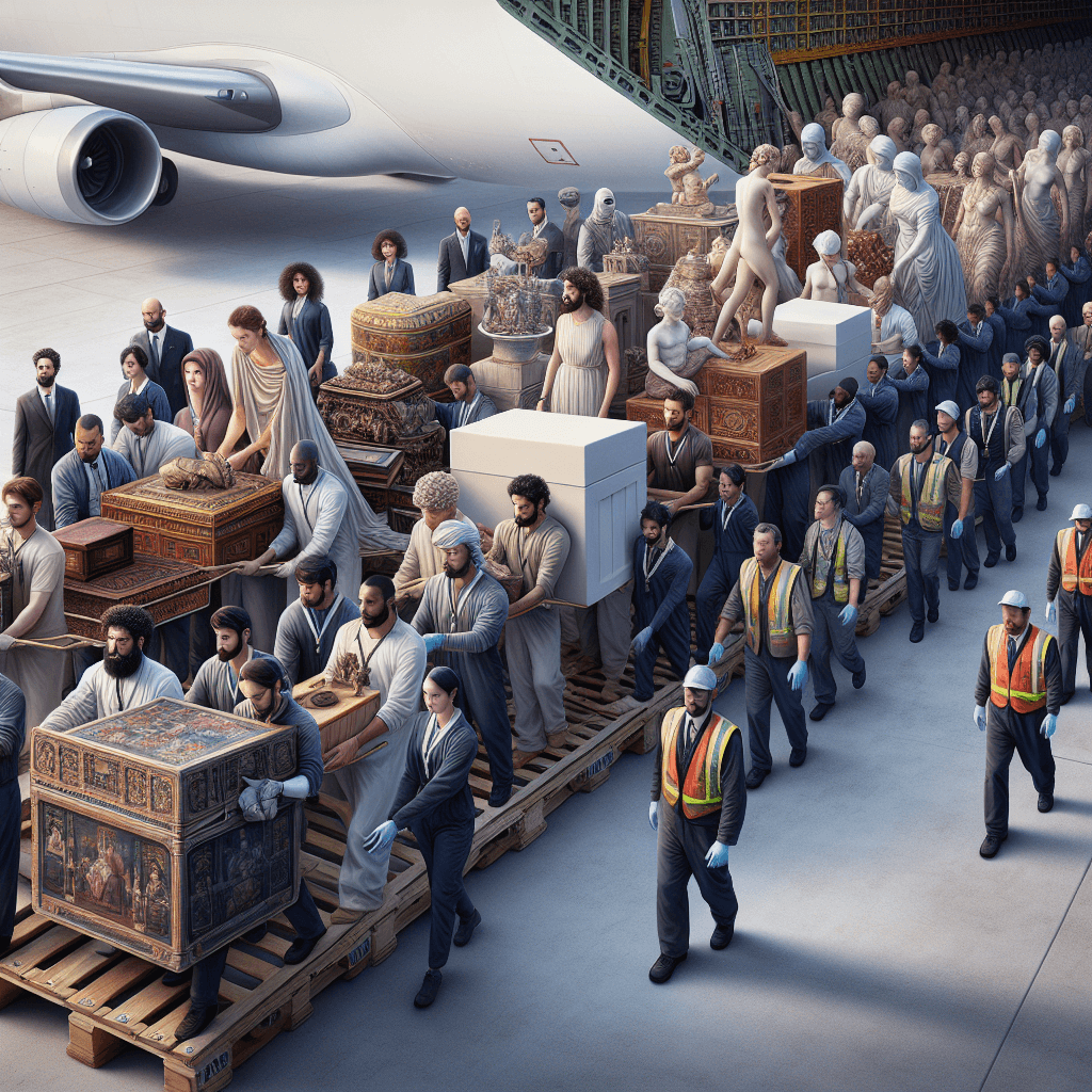 A highly detailed scene showcasing a diverse team of skilled art handlers who are globally recognized experts in the transportation of fragile artworks. The image represents a blend of men and women across different descents including Black, Caucasian, Hispanic, Middle Eastern, and South Asian working in unison. They can be seen meticulously handling various precious artifacts and art pieces, following rigorous safety protocols against the backdrop of a giant cargo aircraft. Their focus and the precision of their movements emphasize the importance of their work in preserving and transporting art worldwide.