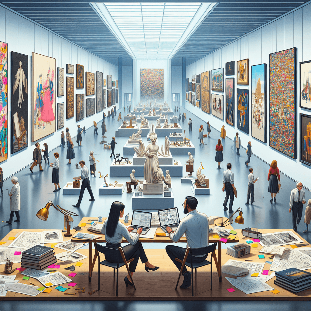 An image that visually represents the process of curating an exhibition. The scene features diverse museum attendees appreciating wide varieties of art pieces from different eras, hung on the walls of a brightly lit expansive exhibition hall. Also visible is a worktable in the foreground, strewn with catalogs, plans of the gallery space, post-it notes, and various art-related books, symbolizing the behind-the-scenes work done by curators. On the table, a Caucasian female curator and a Si-Saharan African male curator are seen engrossed in discussion, planning out the exhibition. They represent the backbone, carefully selecting, organizing, and interpreting the exhibits that the visitors engage with.