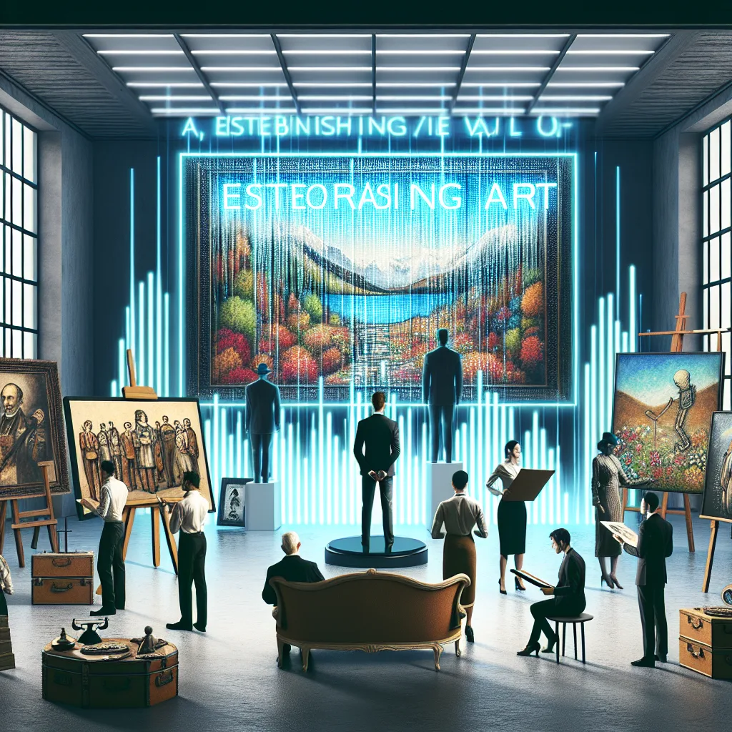 Visual artistry depicting the concept of establishing the value of art, featuring diverse characters in various roles evaluator, collector, historian, and artist. The image shows a room in a bustling art gallery, where artwork is being appraised, purchased, discussed, and created, reflecting the dynamism and fluidity of art's value.