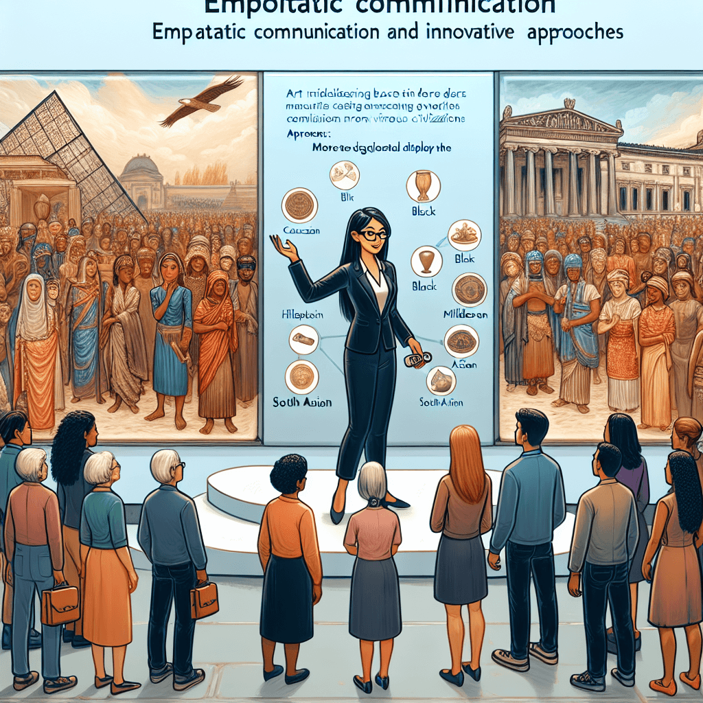 Visualize a museum scene where a professional art mediator is demonstrating empathetic communication and innovative approaches. Include artifacts dating back to different eras from various civilizations around display. The art mediator can be a [pick any one: Caucasian, Hispanic, Black, Middle-Eastern, South Asian, White] female, showcasing an innovative digital display tool to an attentive and racially diverse group of museum visitors.