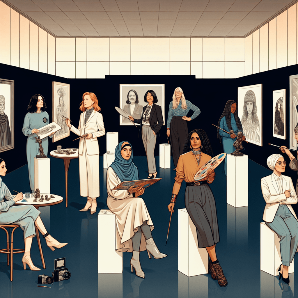 An illustrative representation of an art gallery showcasing the work of ten different influential women artists. Each artist is depicted alongside their most significant piece of art. The women come from various descents such as Caucasian, Hispanic, Black, Middle-Eastern, South Asian, and White. The setting is modern and sleek, emphasizing their respective contributions to the world of art. Some could be depicted discussing ideas, others absorbed in painting or sculpting, and some simply standing bold and proud. Each woman has a distinct aura of power and innovation around her.