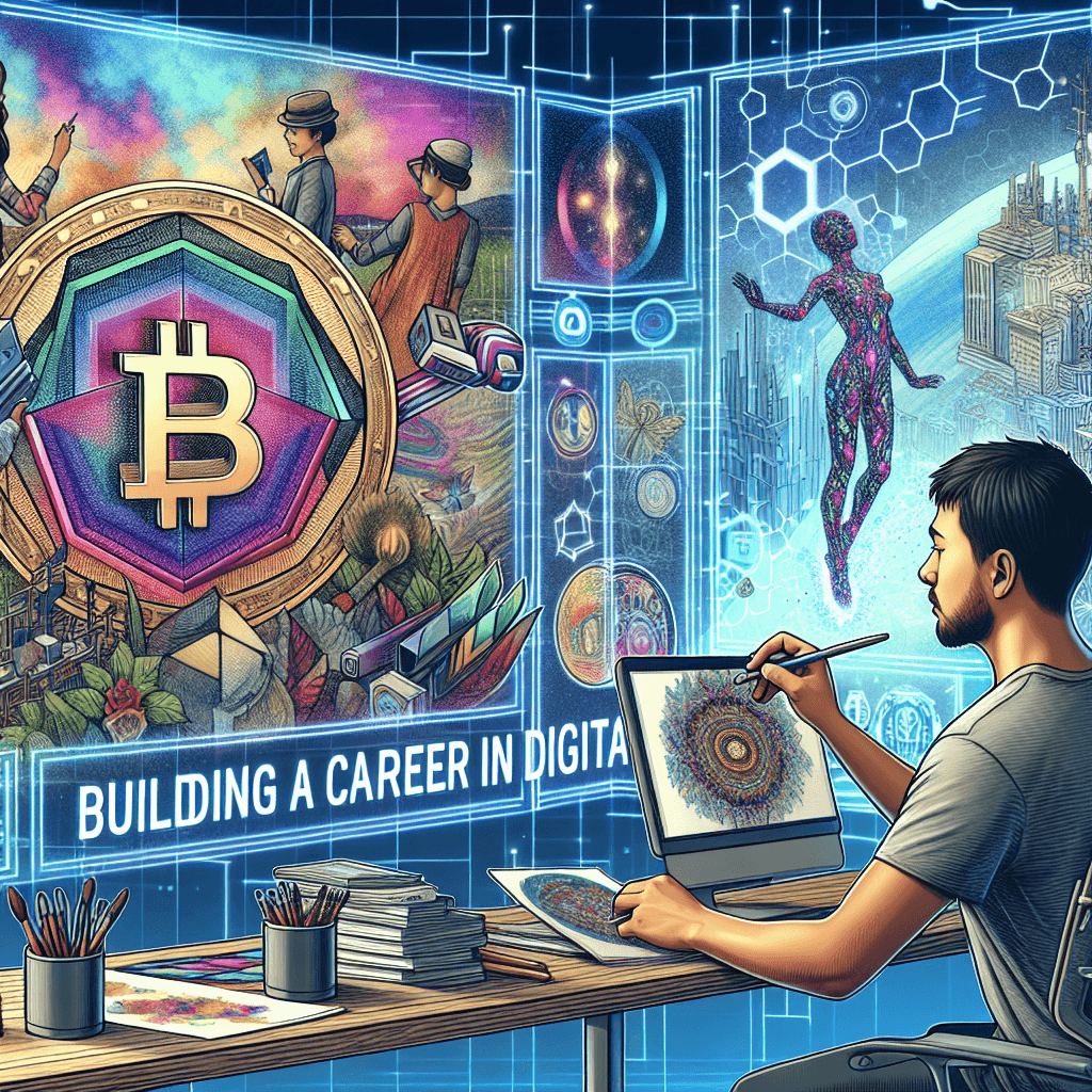 An image representative of building a career in digital art, with elements suggesting Non-Fungible Tokens (NFTs) and the metaverse. The scene may include a digital artist of Hispanic descent at a modern workspace, immersed in creating digital art. His art piece is vivid and intricate, showcasing distinct, adventurous designs. An illustration of an NFT symbol and features of metaverse like virtual landscapes, digital properties, and avatars occupy the virtual background, indicating the expansiveness and opportunities within the digital art world.
