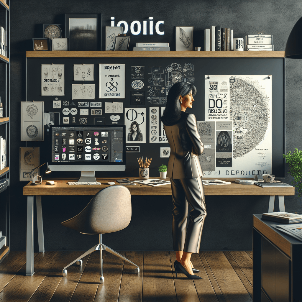 A sleek, efficient, and clutter-free workspace for an Art Director. The room is decked out with high-end design equipment. Visible on the drawing board are various iconic project sketches. Near it, a computer screen displays sophisticated branding strategies. A bookshelf, located at the corner, houses books on branding and iconic designs. The room emanates an aura of creativity. The art director, a middle-aged South Asian woman dressed in a trendy, professional attire is scrutinizing a branding mockup.