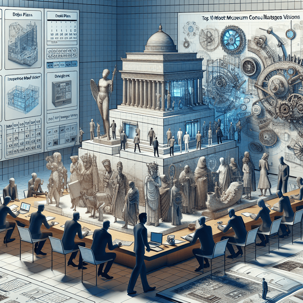 An image representing the concept of the 'Top 10 Most Influential Museum Consultants: Strategies and Visions'. Depict a variety of figures, representing a diverse array of ethnicities and genders, examining and discussing intricate, historical artifacts on a shared table, while situated in a modern, architecturally stunning museum environment. Portray elements indicating a deep understanding of museum management and strategic visions, such as, design plans, a calendar planning exhibit dates, a laptop showing a 3D model of a museum layout, and an inspiration mood board in the background. Ensure the scene radiates a sense of collaboration and visionary leadership.