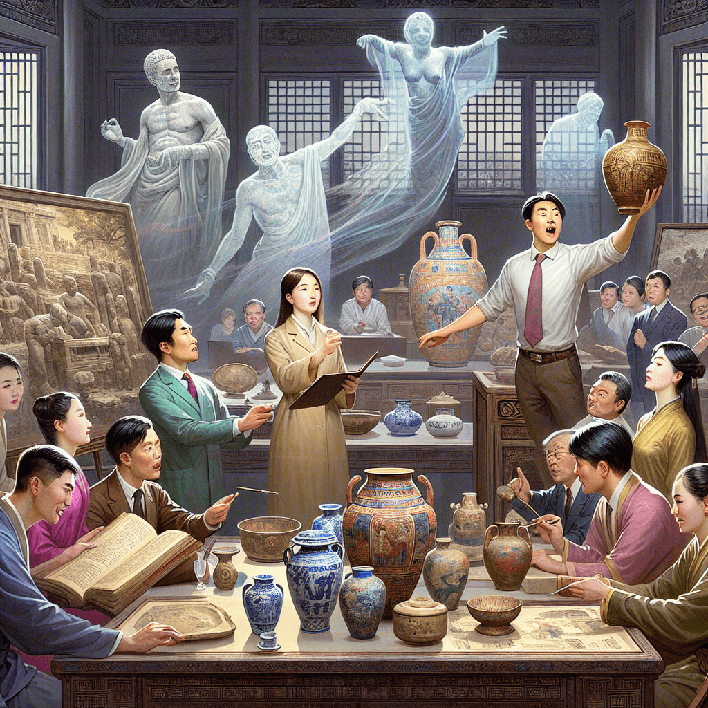 A detailed depiction of antiquities art experts: guides, auctions, and stories today. Convey the scene as a lively tableau; feature an Asian female guide discussing ancient artifacts with a captivated group of various ethnicity. Next to them, a Caucasian auctioneer energetically auctioning an ancient vase to an eager crowd. The setting is an art auction house filled with artefacts from various civilizations. Integrated subtly into the background are the ghostly figures of historical narratives that these ancient pieces of art represent. The scene is a blend of the present and the past, with an air of excitement and academic intrigue.