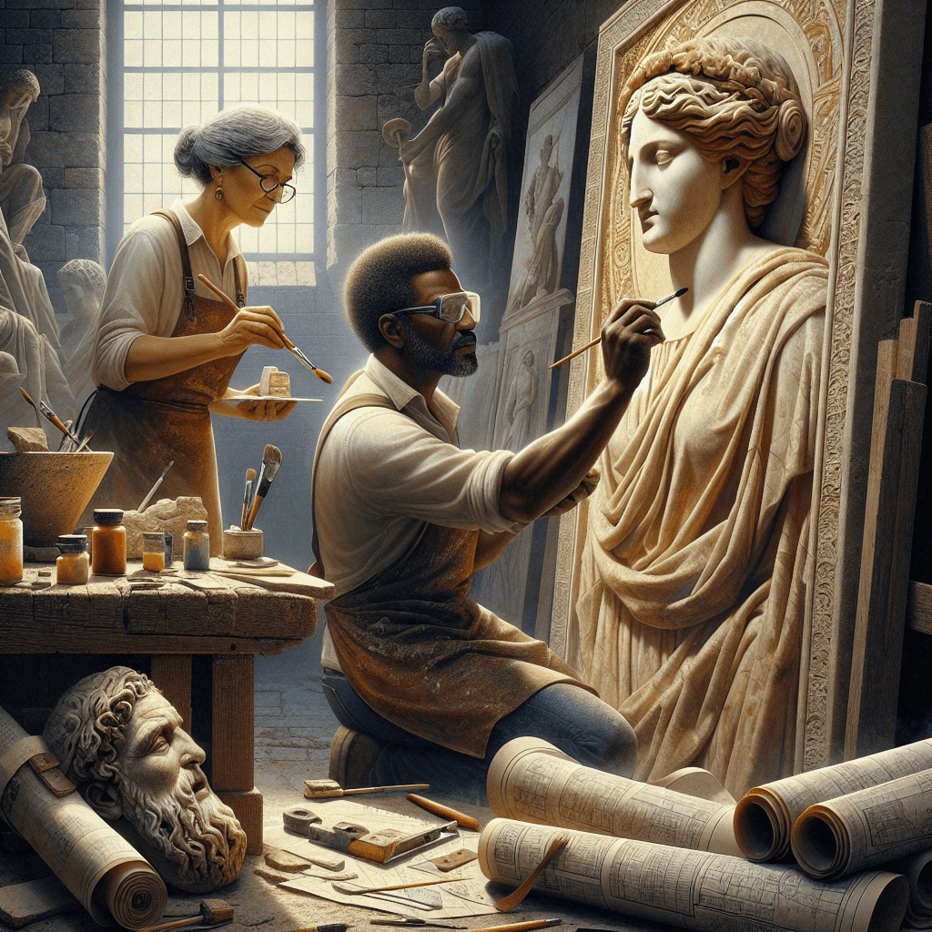 An enlightening depiction of the dedicated world of art restoration. This scene unfolds in an ancient workshop, where two laboring restorers perform their diligent work. One of them, a middle-aged Hispanic woman, with glasses perched on her nose, applies delicate strokes to an aging fresco. The other, a young African man, focuses intently on a chiseled marble statue, his tools revealing the care he employs. Scrolls of old blueprints lay scattered around them, the aura of centuries past echoing in their surroundings. A suitable emblem for the passionate work of devoted art restorers.