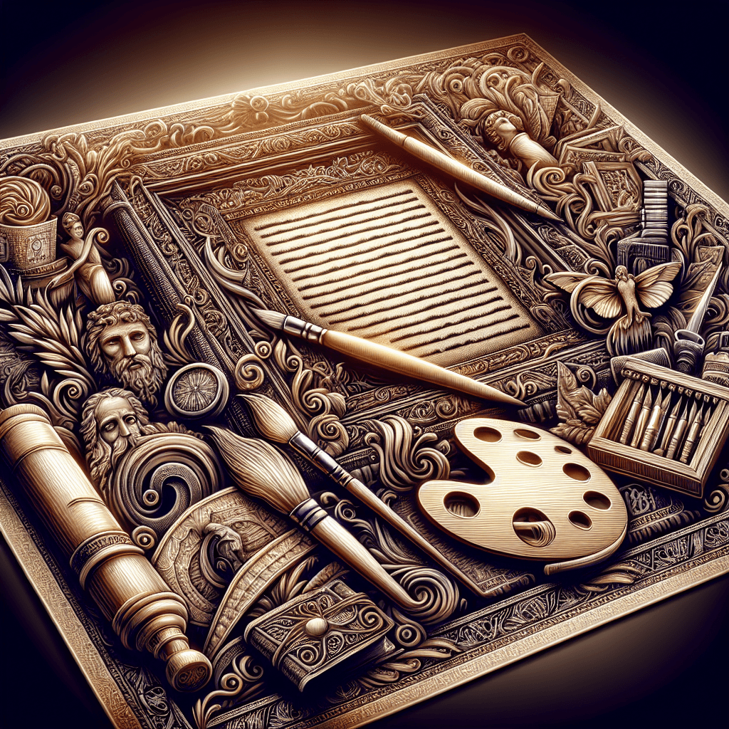 A highly intricate image representing the authentication of artwork. Visualize a richly decorated certificate, featuring various symbols of artistry, such as a palette, a brush, a chisel and a sketchbook, laid alongside a controversial art piece open for debate. The art piece should be represented in a classical style, reminiscent of artists from before the year 1912, to avoid any modern art controversies. Surround these elements with an aura of mystery to illustrate the contentious nature of art authentication.