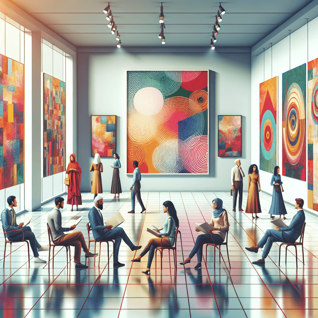 An article header image showcasing a colorful contemporary art gallery with abstract art pieces hung on the walls. The gallery is filled with various art admirers of different ages, genders, and descents - a South Asian male, a Hispanic female, a Middle-Eastern female, and a Caucasian male. The environment is lively with discussions and reflections, and the atmosphere exudes the brilliance and creativity of contemporary art.