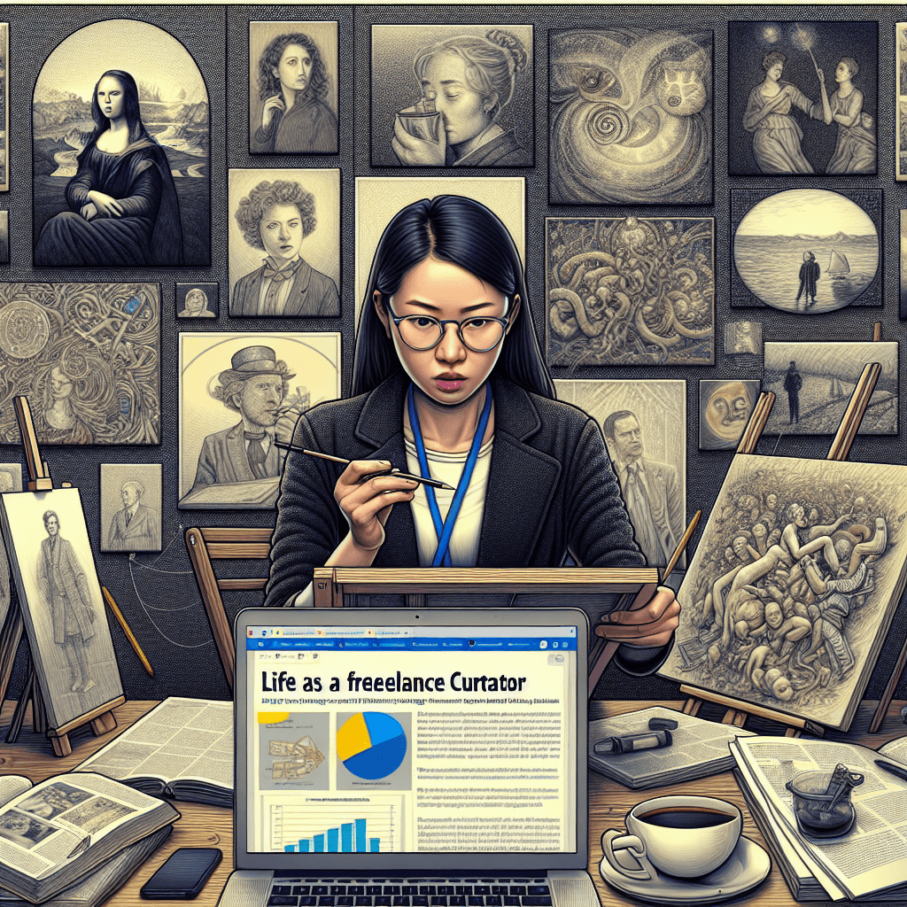 A detailed image depicting life as a freelance curator. In the foreground, an Asian female curator is analyzing a canvas with an intense look of concentration. She's surrounded by several pieces of art, of varying styles, spanning a range of historical eras. In the background, a desk is visibly strewed with art books, a laptop open on an article about the economic aspects of curatorship and a cup of steaming coffee. The atmosphere is intellectually stimulating yet tranquil, deftly demonstrating the insights and challenges faced by a freelance curator.