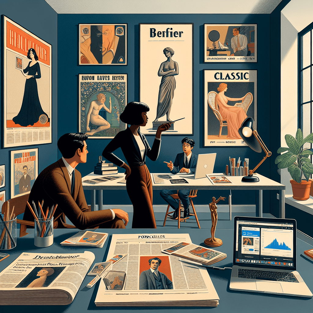 A modern scene within an art critic's office or workspace. There is an open newspaper with a few articles about recent art exhibitions, and on the desk, there's also a laptop showing a podcast channel dedicated to art critique. On the wall, posters of classic art pieces from before 1912 are pinned, indicating a blend of old and new in this critic's interests. The critic, a black woman, is seen pondering a piece of artwork in her hand, while her male East Asian colleague discusses something fervently in the background, pointing at an art book.