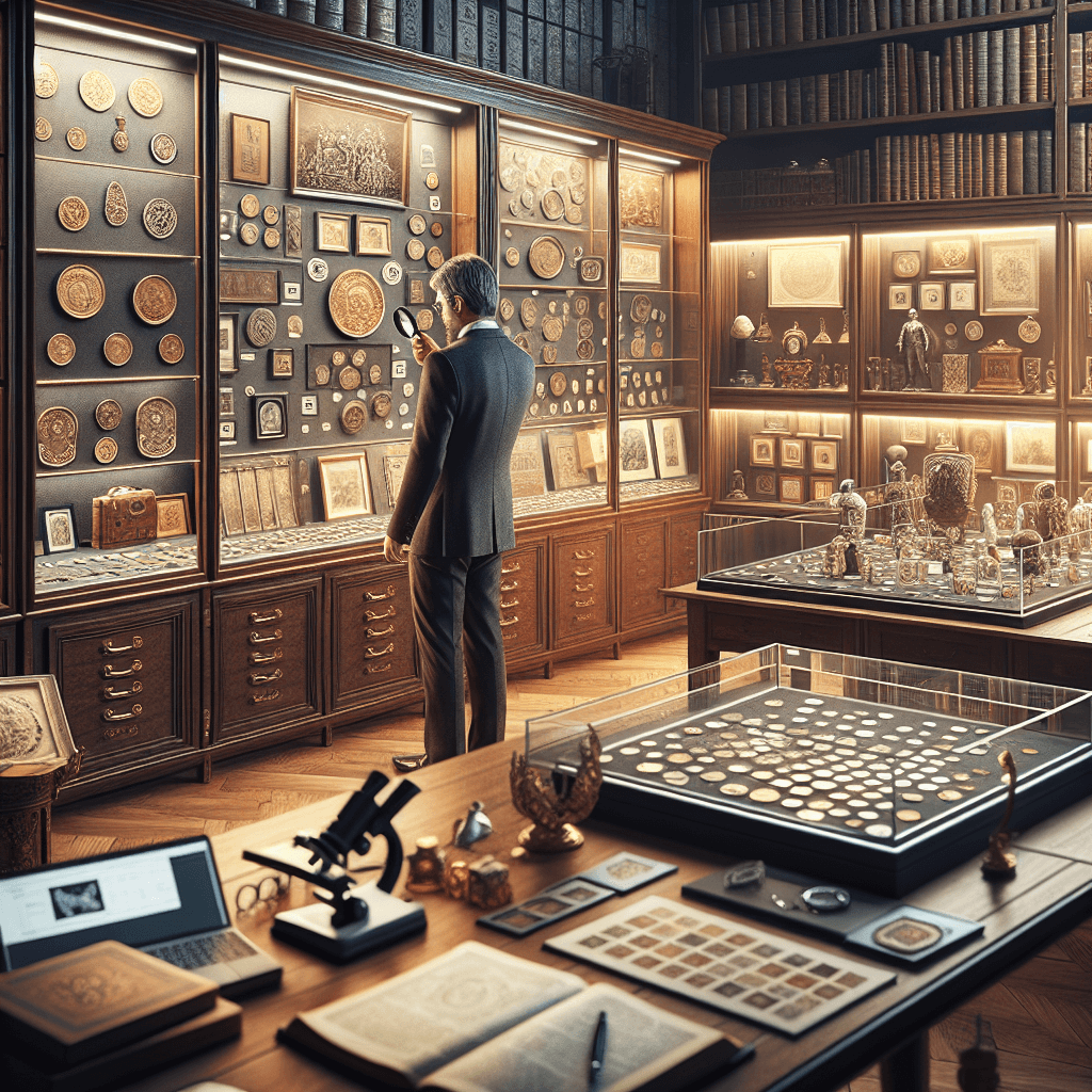 A meticulously organized private collection featuring a variety of valuable items, ranging from antique coins to vintage stamps, and precious artefacts to old books. In the midst of the collection, a professional curator is methodically cataloguing items, using a magnifying glass to examine details on a coin. Display cases with custom lighting and climate control systems are scattered across the room, showcasing the prized pieces. A desk area with a laptop and pile of books indicates research and strategy development. The atmosphere in the room conveys a sense of profound knowledge and careful preservation.