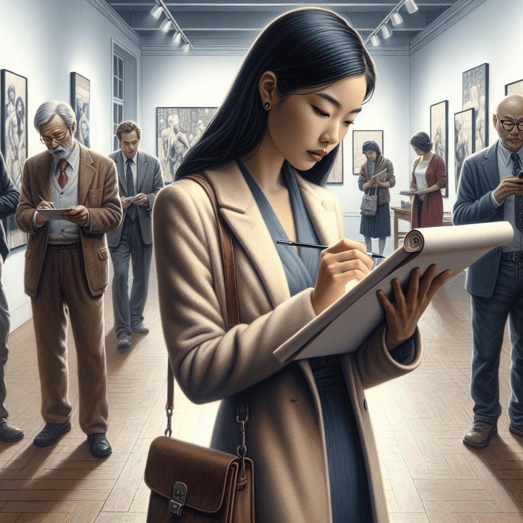 A detailed depiction of a setting in the art world. The central figure is an Asian female art talent scout, engrossed in her work. She's meticulously examining a new piece of contemporary art in an art gallery. Her intense focus indicates her expertise and dedication to her profession. She's taking notes while a diverse group of artists stand around nervously, awaiting her verdict. Some artists are chatting and sharing their art inspirations with each other. The painting style should lean towards realism to accurately portray the people and environment.