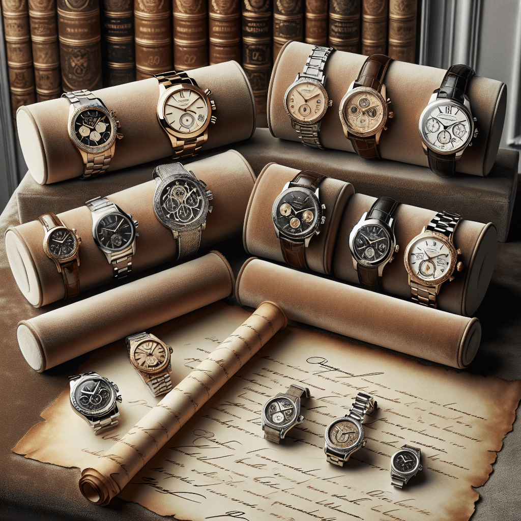 An elegant display of ten sought-after luxury watches with varying designs, placed on a plush velvet surface. Each one exudes sophistication and is a symbol of craftsmanship. Along with these, include depictions of vintage parchment scrolls opened up, inscribing the fascinating history and record-breaking sales numbers of these horological marvels. A muted background of a high-end horology boutique adds to the overall narrative.