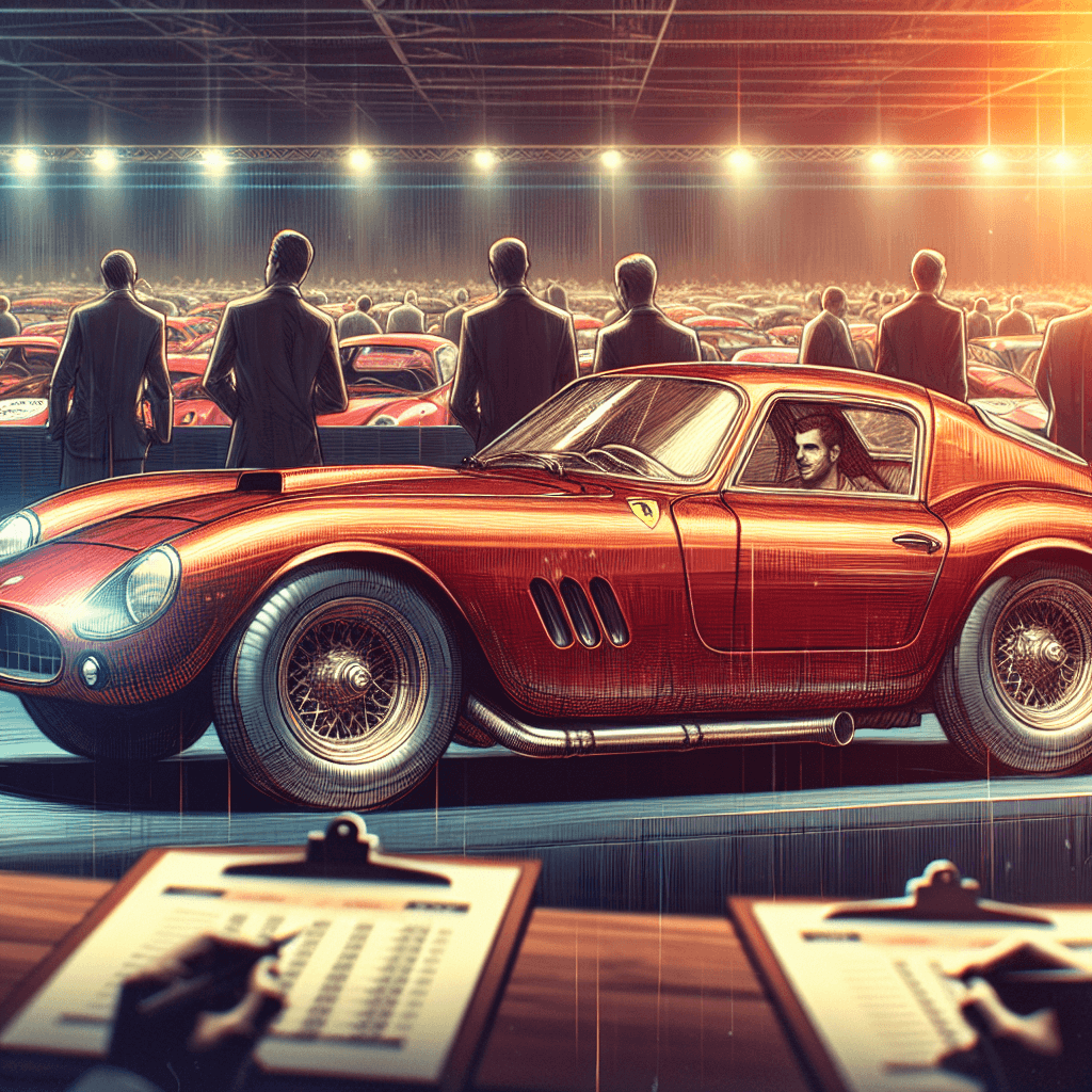 An intricately detailed image of a classic, vintage Ferrari displayed prominently at a high-end auction. In the background, potential investors can be seen analyzing auction items with interest and curiosity. The atmosphere is buzzing with excitement and anticipation. The car's sleek design and shiny red color are spotlights of the image. The overall scene embodies the thrill and prestige of investing in luxury classic cars.