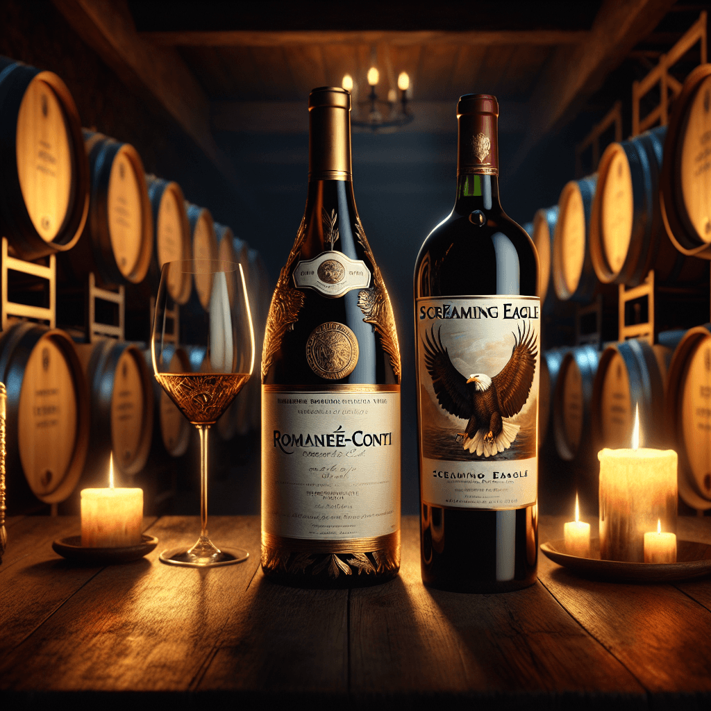 A picture showcasing two premium wines, Romanée-Conti and Screaming Eagle. The scene should be set in an elegant wine cellar, with a hint of rustic charm. Centered in the image are aging oak barrels illuminated by warm, flickering candlelight. On a vintage wooden table, the two bottles are revealed. Romanée-Conti, a famous French wine, is depicted as a gracefully slender bottle with a gold-foiled label. Beside it is Screaming Eagle, a renowned Californian wine, distinguished by its bold, robust bottle with a label bearing an elegant eagle illustration. The atmosphere of the image exudes prestige, heritage, and opulence.
