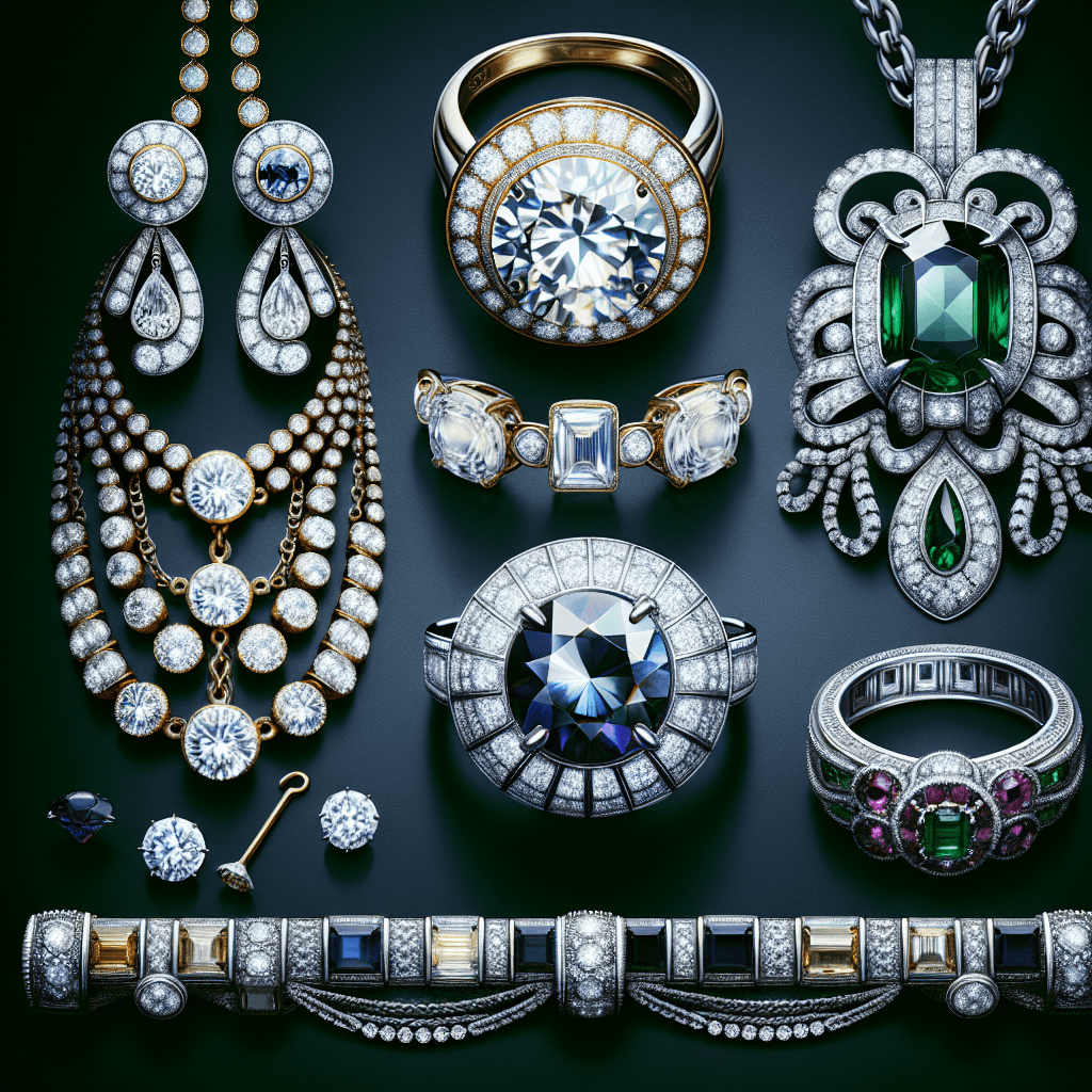 An image illustrating a selection of five iconic jewelry pieces. First, a pair of platinum earrings studded with diamonds. Second, a gold necklace adorned with a single large emerald. Third, a white gold ring featuring a large diamond centerpiece surrounded by smaller sapphires. Fourth, a silver bracelet with multiple chains, each chain embedded with tiny rubies. Fifth and finally, an elegantly designed brooch made of platinum, beautifully decorated with diamonds and pearls. Each piece of jewelry has a touch of sophistication and mystery, symbolizing secrets and stories behind their creation.