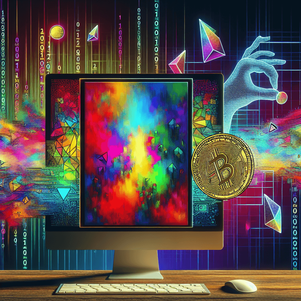 An image portraying the concept of digital art and Non-Fungible Tokens (NFTs). It includes an illustrative depiction of a bright, colorful digital artwork on a computer screen. In the background, there are silhouettes of various cryptographic symbols, indices and a slightly faint matrix of binary codes (0s and 1s) to represent the digital nature and blockchain technology associated with NFTs. The foreground also has a price tag to signify the financial aspect related to the selling and purchasing of NFTs.