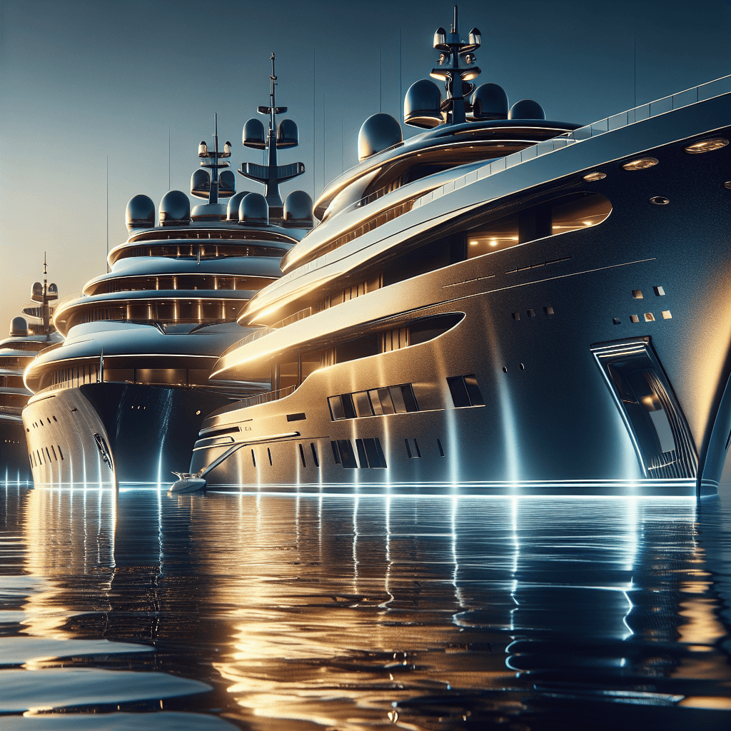 A majestic picture showing the grandeur and elegance of ultra-luxurious yachts. These super-yachts reflect opulence with their state-of-the-art design and luxurious amenities. The image should capture a serene oceanic background, with the sun setting in the horizon, illuminating the glossy exteriors of the yachts.