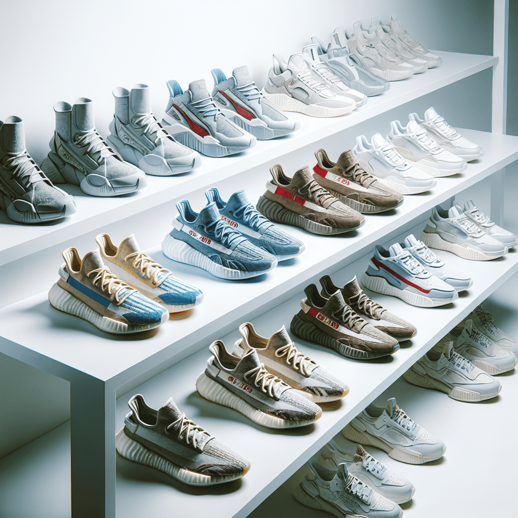 A layout showcasing a collection of high-end sneakers lined up on a pristine white shelf. Among them, prominently placed pairs of designer sneakers from two well-known global brands. The first pair embodies the essence of sporty design, similar to styles typically seen in popular athletic footwear brands. The second pair emanates an aura of luxury and elegance, emblematic of high-fashion brands known for their multi-million dollar items. The scene is immaculately lit, highlighting the unique details and colors of each pair, implying their coveted status among shoe collectors.
