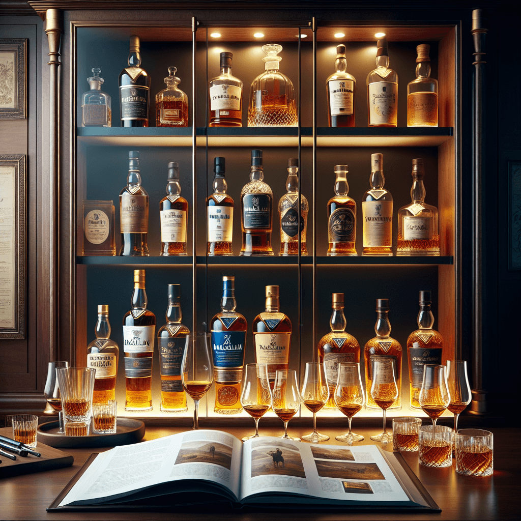A beautifully arranged whiskey collection displayed in a sophisticated glass cabinet. The collection includes rare whiskies from popular distilleries such as Macallan, Yamazaki, and Glenfiddich. Also, several whiskey tasting glasses filled with the amber liquid are placed on a mahogany table in front of the cabinet. In the backdrop, there's a guide book opened up to pages discussing these distilleries. The ambiance is warm and inviting, perfect for a whiskey connoisseur.