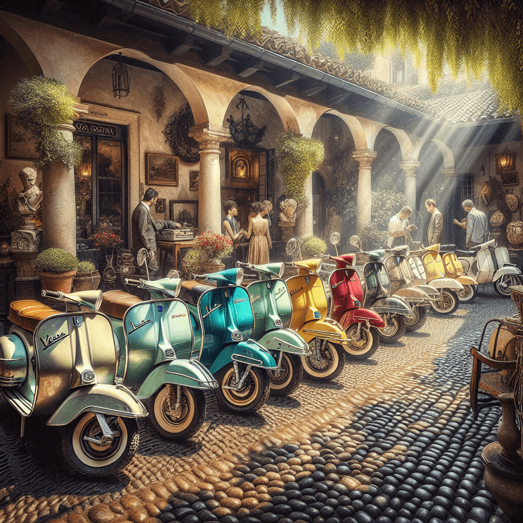 A vintage Italian setting with a collection of rare and precious Vespa scooters parked in a row. The scooters are of various colors, embodying the timeless charm and elegance of the Italian lifestyle. Cobblestone streets surround the area, and classic Italian architecture is seen in the background. Sunlight streams through a canopy of trees, casting dappled light on the scene. A few people of mixed descent and of both genders are browsing the scooter collection, admiring their intricate designs, evoking a sense of nostalgia and admiration for Italian craftsmanship.