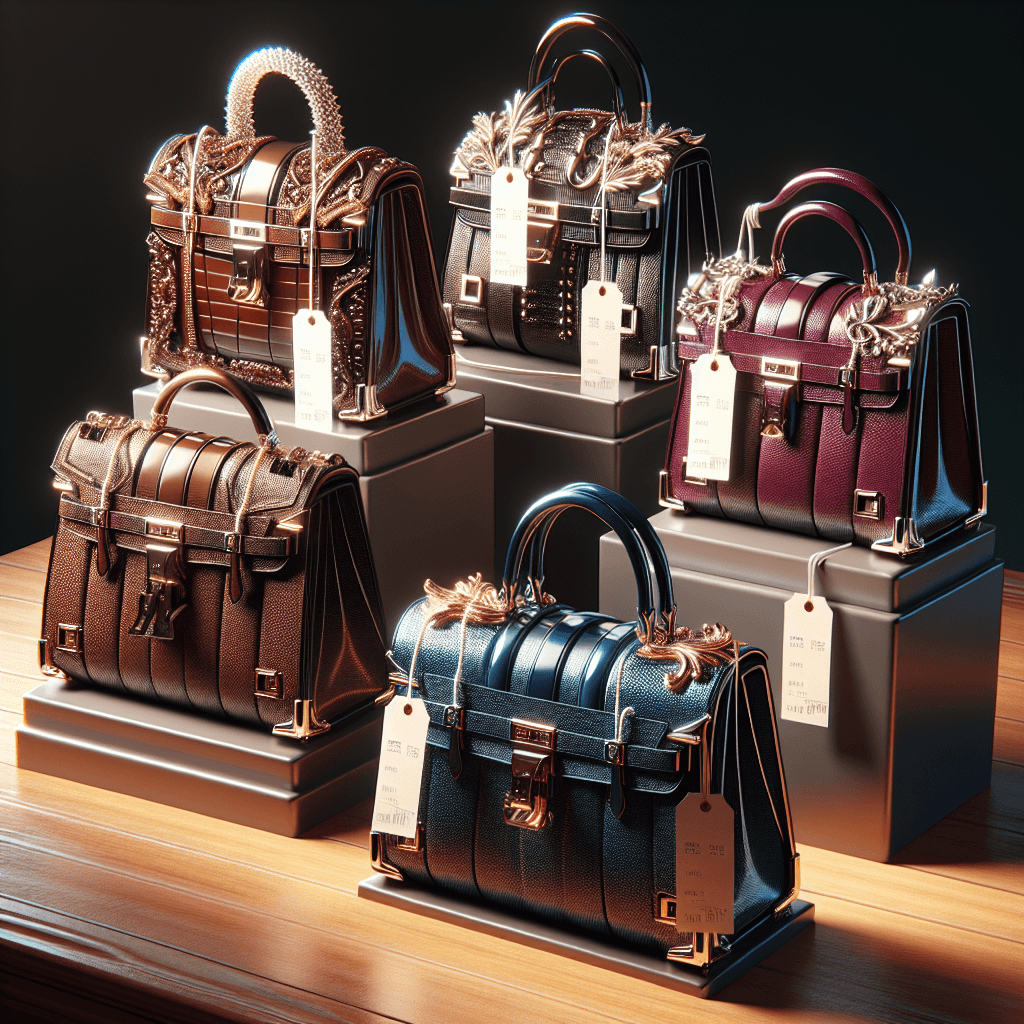A display of five luxurious handbags, each one unique, intricate, and displaying shining metallic details, stands on a polished wooden surface. However, these are not branded but resemble the high-end modern style of bags often seen at luxury boutique stores. They range in color from classic black and brown to more unusual hues such as burgundy and royal blue. Each one has a different design but they all share the same sense of sophistication and elegance. Printed paper price tags hanging on each one signify their high cost, which is essential for the ambition of investing in such items.