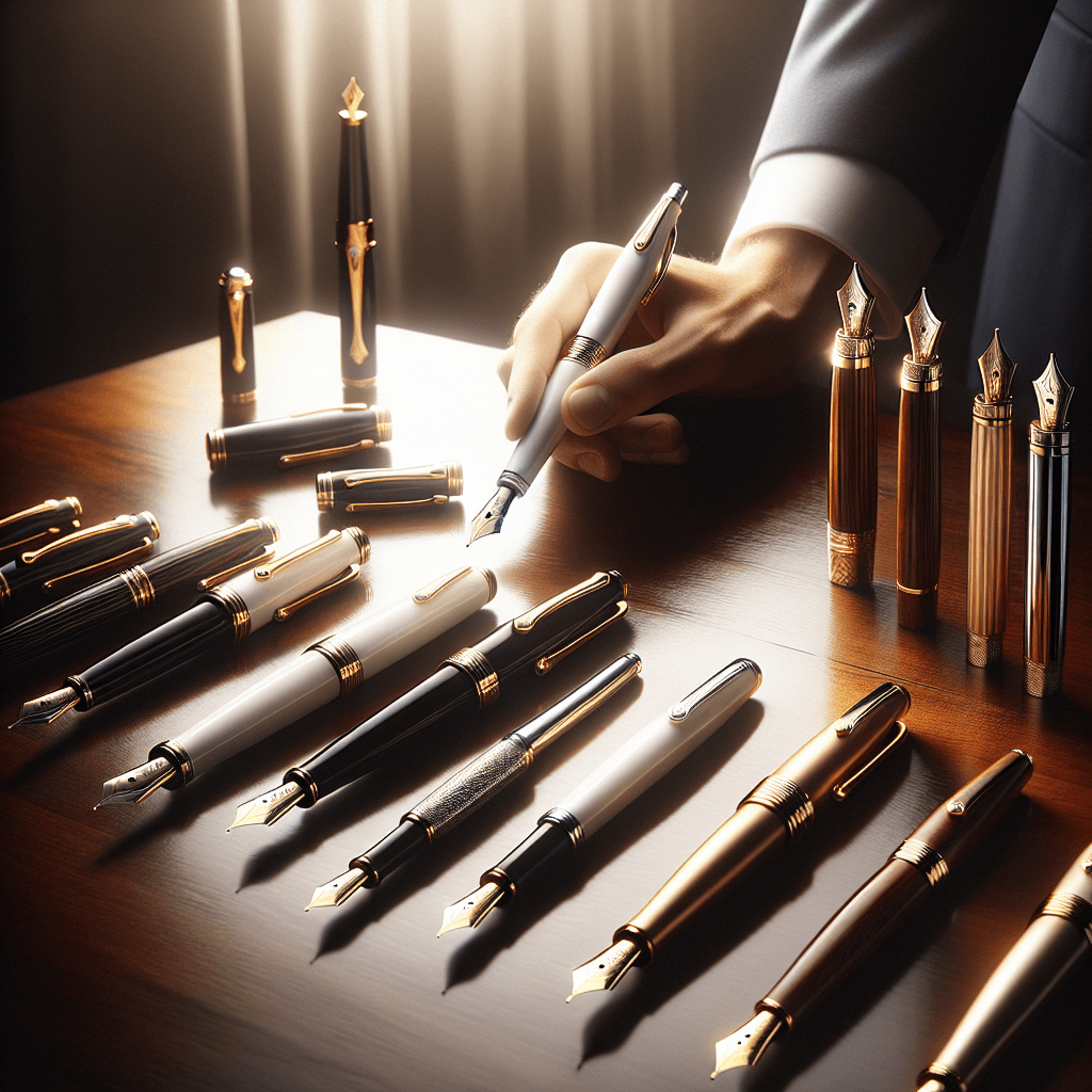 Elegant and luxurious fountain pens on a polished mahogany table, beautifully lit under soft natural light. Among the collection, focus on three types marked by their distinct characteristics: one with the signature white star emblem, another with a radiant golden finish signifying Italian craftsmanship, and a third one embodying a perfect blend of tradition and innovation with its exquisite material choices and sophisticated design. Hovering slightly above the table, is a hand with a poised gesture, about to pick one of the pens.