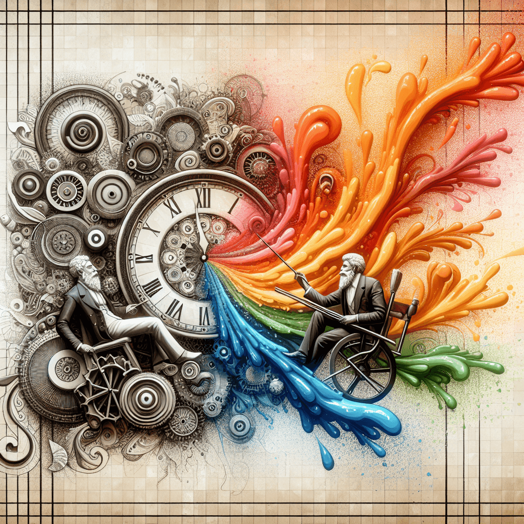 Depict a conceptual interpretation representing the collaboration of two iconic artists. Feature dominant themes such as time, represented by an intricately designed clock or watch, and art, symbolized by a spectrum of colorful splashes. The scene should emphasize the talent, creativity, and cohesion between the artists' different styles. Please ensure this visualization does not replicate the specific works of any artists, but instead, exhibits a general vibe of artistic collaboration.