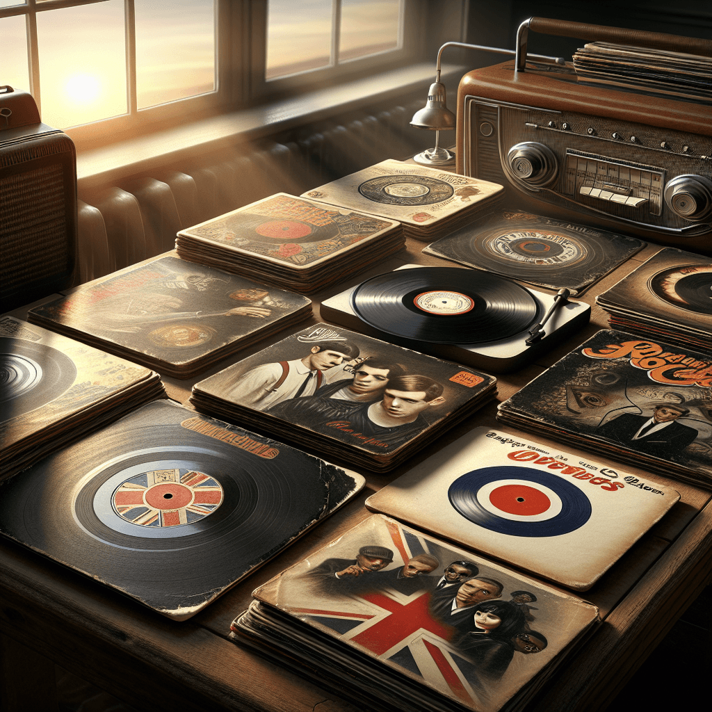 A depiction of a collection of rare vinyl records spread out on a vintage wooden table. In the mix, a mid-20th century vinyl representing a British rock band should be evident, along with a 1990s hip-hop group vinyl from the American East Coast. Please make sure to maintain the vintage and musical vibe, putting emphasis on the intricacy of the vinyl details, the grooves on the records, and the artwork on the albums. In the background, soft rays of a setting sun filter through a semi-open window, adding a warm glow to the scene.
