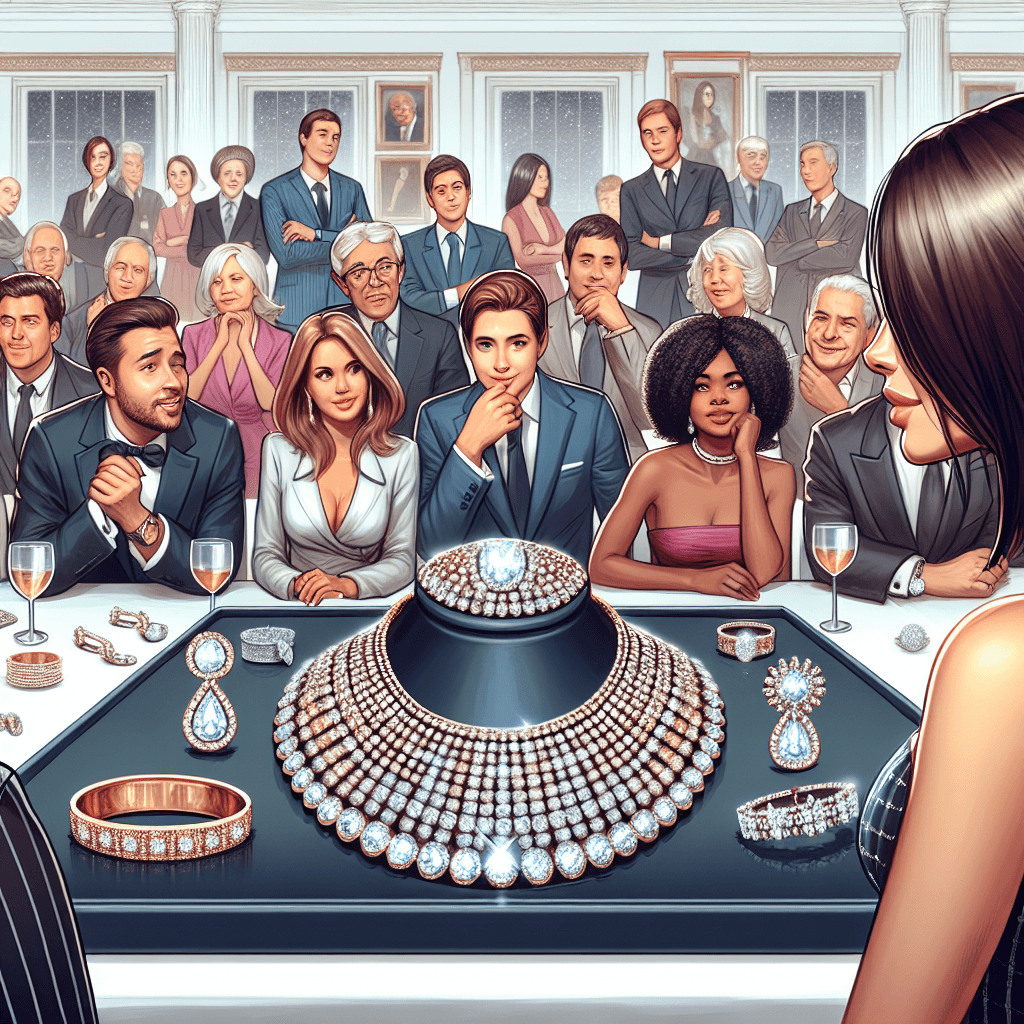 A luxurious and elegant auction scene depicting an array of exquisite celebrity-style jewelry laid out for sale. In the foreground, a particularly breathtaking necklace studded with glittering diamonds is on display, while in the background, various bidders, a mix of both men and women of different descents such as Caucasian, Black, and Middle-Eastern, are engaged in eager conversation. Some appear to be wealthy investors, others seem driven by sentimentality and admiration for the fashion.