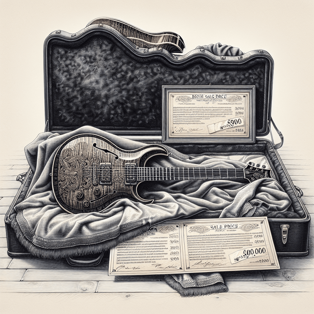 A detailed illustration showing expensive guitars that have been sold, depicted alongside notations of their historical significance. The scene has two guitars meticulously detailed, one is reminiscent of the guitar played by a famous left-handed guitarist from the 1960s era and another resembling the guitar of a popular progressive rock musician of the 70s and 80s. Both guitars are placed on a luxurious velvet cloth and beneath them, a plaque denotes their high sale price. This image does not include any specific individual or figures, but showcases the craftsmanship and historic value of the instruments.
