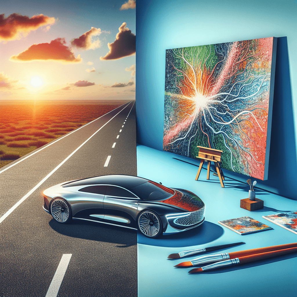 A visual representation of the debate between art and cars. Picture a modern automobile, streamlined and sleek, cruising on an open highway. Adjacent to it, display an abstract painting worth over 10 million, with vibrant colors, and unique aesthetics. The scene ensures a pleasant mix of creativity and technology, reflecting the essence of the argument. Must-have elements include the expensive painting and the modern automobile, while the setting should be open, expansive and thought-provoking.