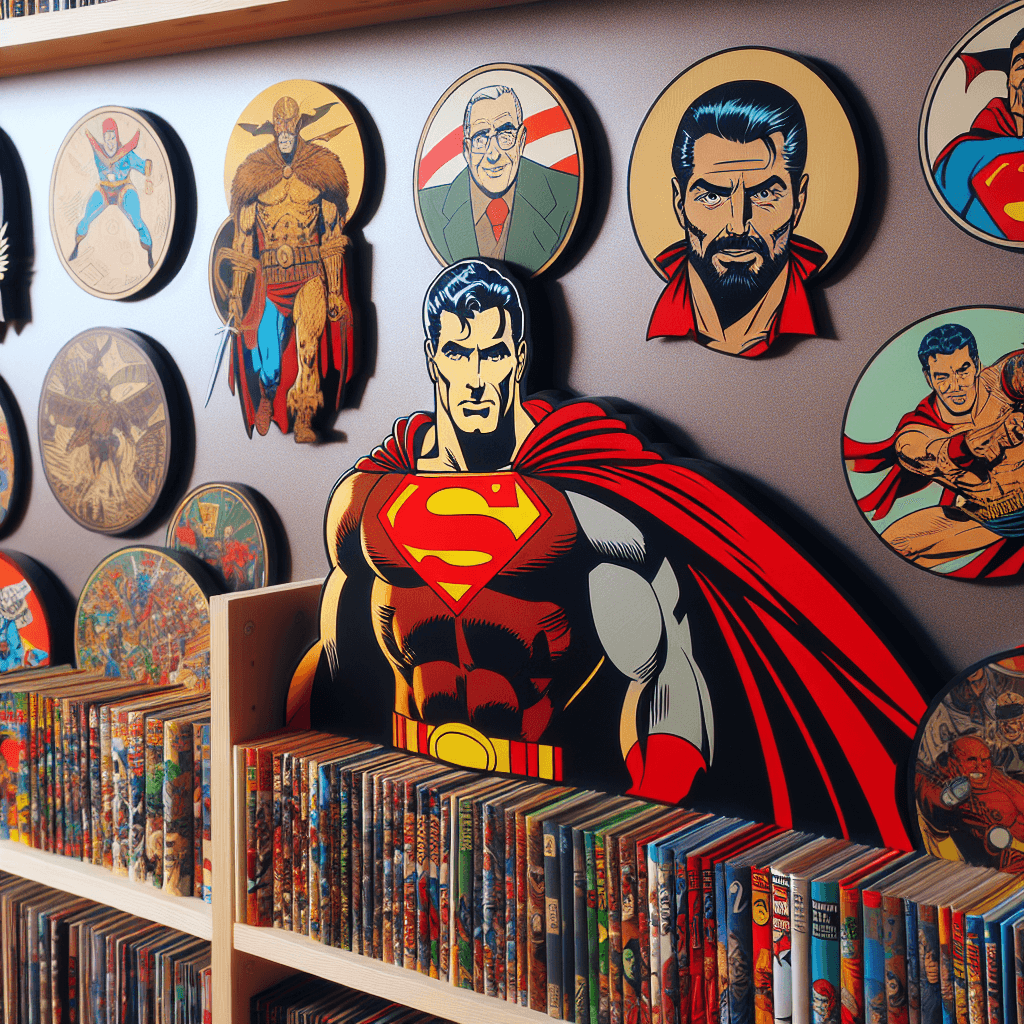 A vivid scene showcasing the art of comic book collecting. The focal point of the image is a well-organized display shelf filled with assorted comic books of different eras. Icons that represent the essence of traditional comic characters fill the scene, such as a figure with super-strength draped in a red cape, and a tough, sea-faring adventurer with a charismatic personality. These symbolic representations pay homage to the vast range of characters found in comic book lore without specifically mentioning any copyrighted characters.