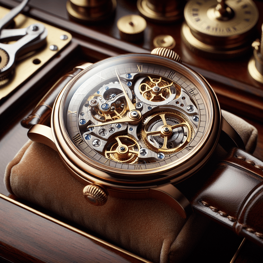 A meticulously crafted, elegant wristwatch on a velvet cushion. The watch features a sophisticated timing mechanism revealed through a transparent back case, along with classic Roman numeral face and sapphire glass cover. It's all set in an antique bronze casing and paired with a genuine brown leather strap. Luxurious golden gears and cogs are visible in the transparent section, indicative of the fine artistry associated with historic Swiss watchmakers. The surrounding setting is a highly polished mahogany desk with various clockmaker tools scattered on it.