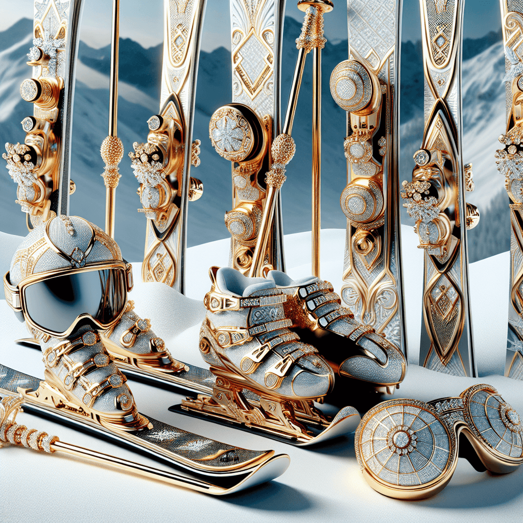A detailed and high-quality visualization for a piece on: Luxury Skiing Gear: Gold, Diamonds, and Swiss Design. This artistic representation depicts an opulent set of skiing equipment including skis, poles, and goggles. Each piece has been extravagantly designed with a hint of Swiss influence evident through intricate patterns and stylistic preferences. These premium sporting accessories are glimmering due to the generous use of precious elements like gold and diamonds, accentuating the exclusivity and luxury of the skiing set. A snowy, pristine Alpine backdrop completes the scene symbolizing the ski environment in which these majestic pieces are used.