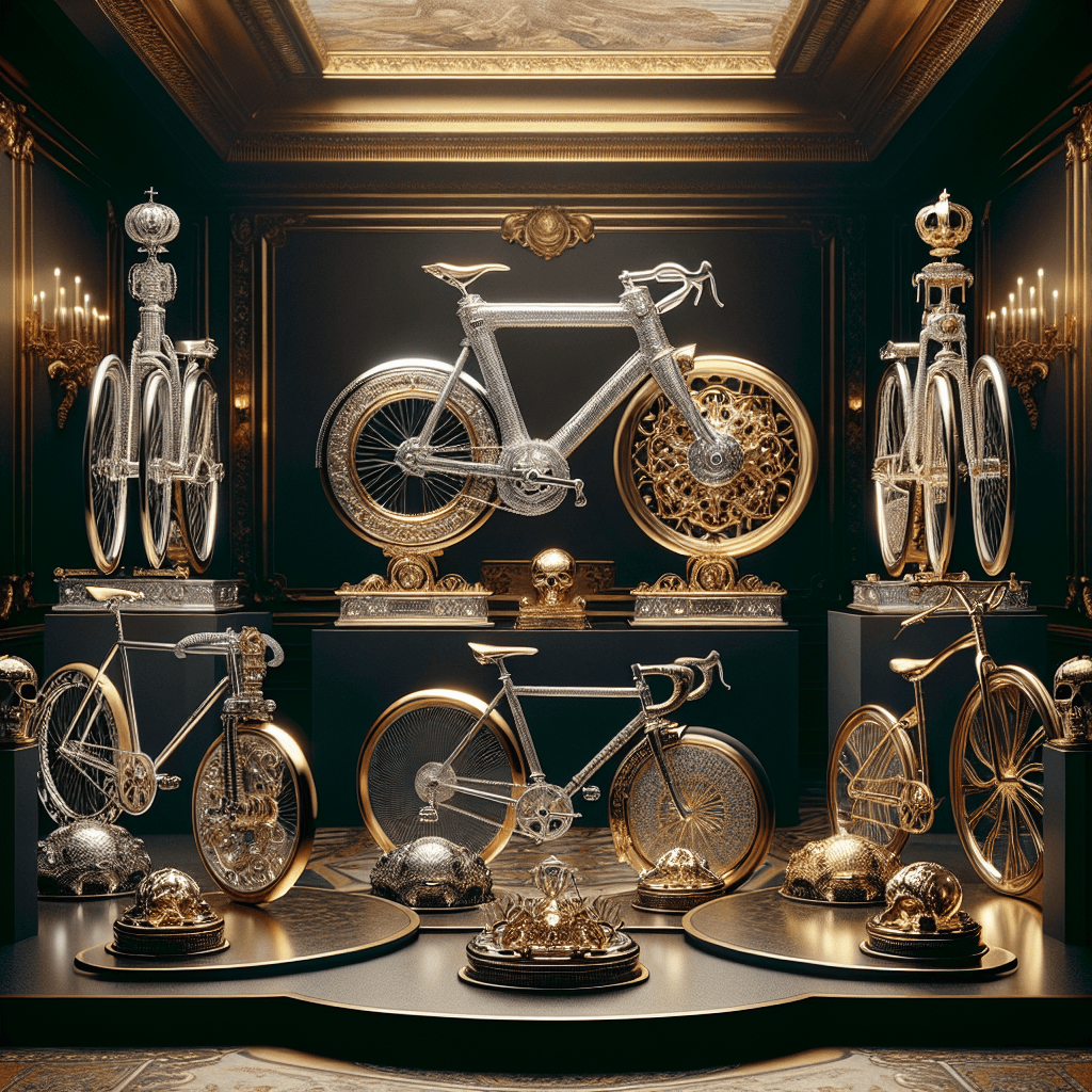 An opulent setting displays five of the world's most expensive bicycles. Each bike is inherently unique; the first is made of polished silver-tone metals with intricate designs, the second has a lavish gold tone accented with precious stones, the third is sleek and modern with high-tech features, the fourth is crafted with vintage aesthetics and expensive hardwoods while the last one balances avant-garde design with functionality. This implies the luxury and grandeur of these bicycles, making them more than simple transportation methods but rather, works of art and symbols of status.