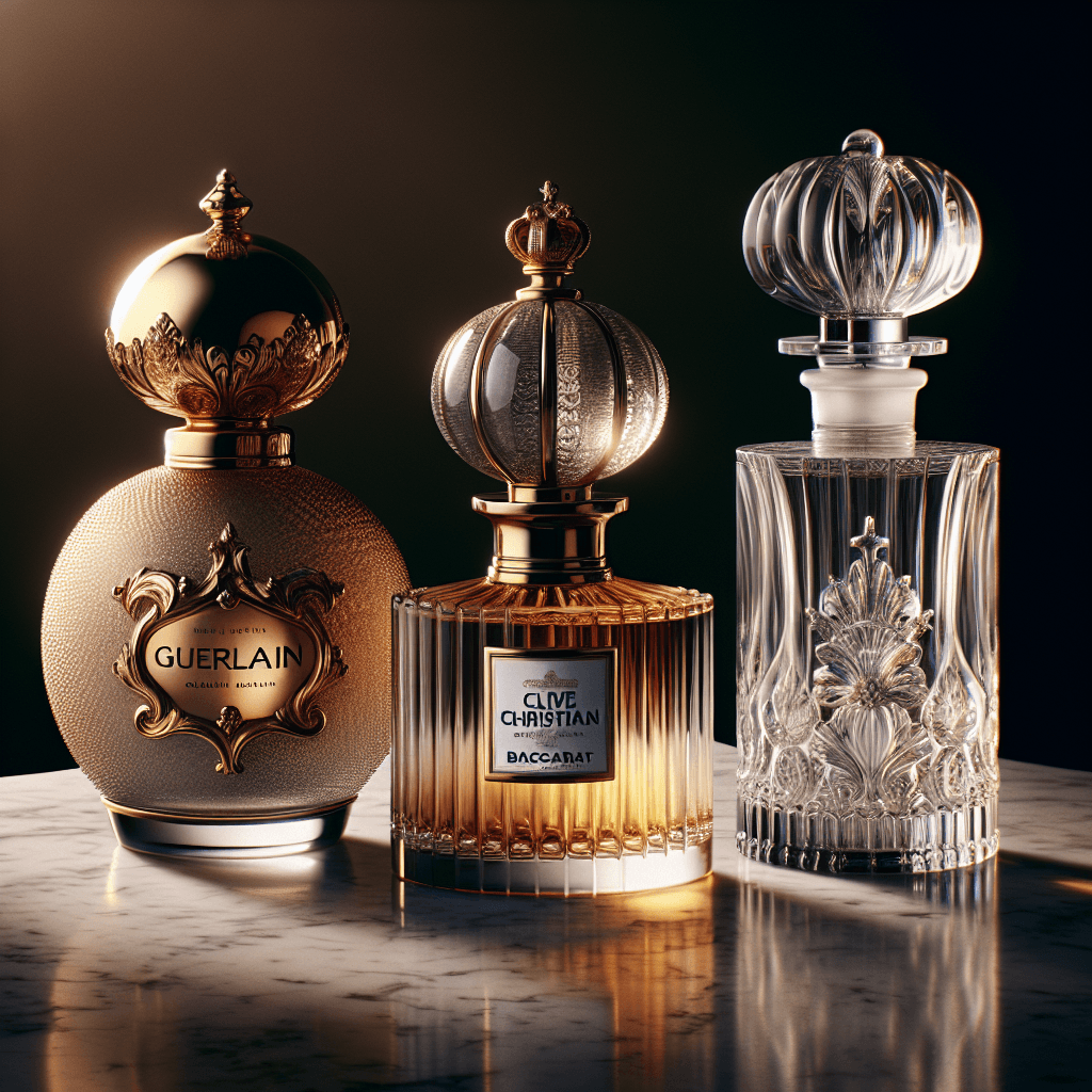 An elegant image showcasing three luxurious perfume bottles on a marble countertop. The three bottles are respectively from Guerlain, Clive Christian, and Baccarat brands. They are intricately designed, reflecting their prestigious brand image. The Guerlain bottle features a spherical, gold-foil top and the body of the bottle is covered in a frosted glass with a hint of bronze. The Clive Christian bottle has a decorative crown stopper with a clear glass bottle containing amber liquid. The Baccarat bottle is artistically crafted with crystal clear glass and an unusually-appealing stopper. The light bouncing off the bottles creates a unique aura of luxury and exclusivity.