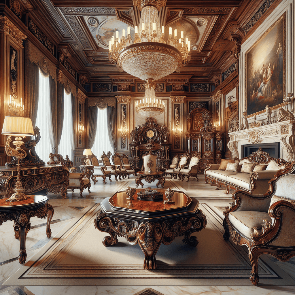 An image showing a luxurious room filled with high end classic furniture. The style of the room is reminiscent of an Italian Villa. The room features a dramatic chandelier hanging from a tall ceiling and rich, ornate pieces of furniture. This includes elaborately carved wooden tables, ornate armchairs with plush upholstery, and an extravagant fireplace with a grandiose mirror above it. The walls are adorned with European fresco paintings and the floor is laid with polished marble tiles. The overall impression gives a strong sense of grandeur and conveys the theme of 'Furniture as Art'.