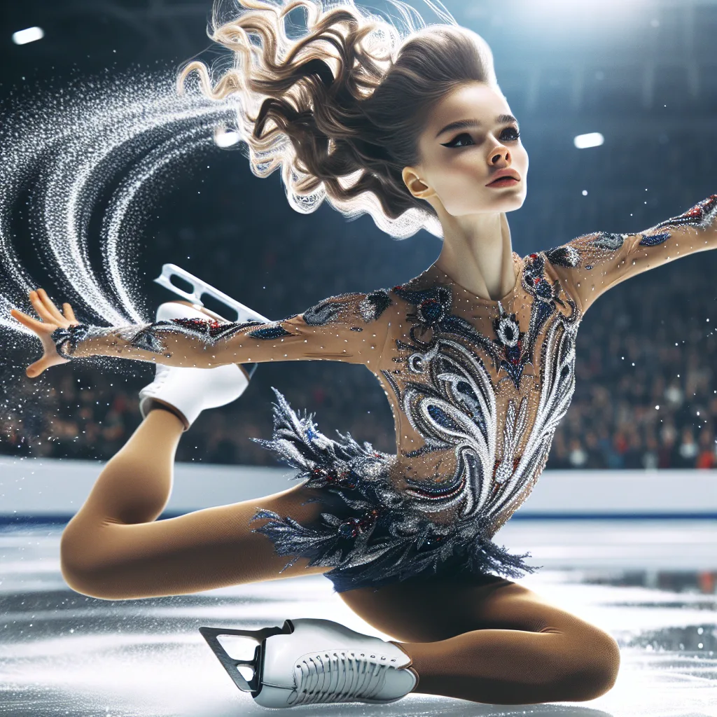 An interesting and high-quality image suitable for an article about a professional figure skater. This dynamic image could show a young woman, irrelevant to any real people, performing a complex figure skating routine with grace and precision. Beautiful swirls of ice particles could trace her path on the ice, she may have determination clearly etched on her face. She could be dressed in a striking, glittering costume that reflects the light in the indoor ice rink. The backdrop might be filled with spectators in awe of her performance, their faces conveying wonder and admiration for the skillful display.