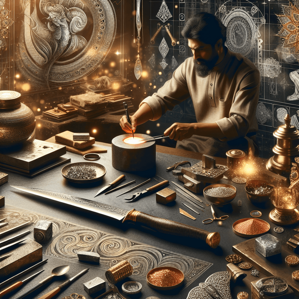 An image representing the concept of investing in precious metals and craftsmanship, particularly focusing on artistically forged knives. The scene features an exquisitely designed metal forge with a South Asian artisan diligently working on a delicately crafted knife. The background showcases a variety of precise tools, raw precious metals like gold and silver, and intricate designs and sketches. The ambiance hints at a fusion of age-old tradition and modern jewel embellishment techniques. Subtle sparkles reflect off the lustrous metals, contributing to a warm, inviting, and yet intriguing representation of artisanal metallurgy.