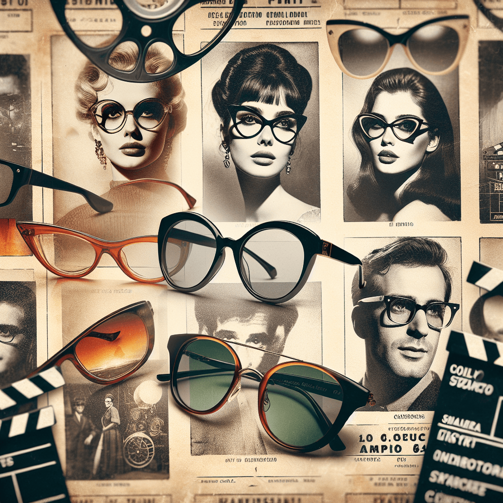 Image showcasing iconic eyewear from the 20th century: style influenced by famous film stars. Visualized with a series of eyeglasses displayed in chronological order, starting with rounded frames made popular in the 1950s (like those worn by a renowned British actress) towards the end of the century with an emphasis on bold and daring designs preferred by a French New Wave film actor. In the background, consider a faded collage of images evocative of the twentieth-century cinema, such as film reels, clapperboards, and vintage cinema tickets.