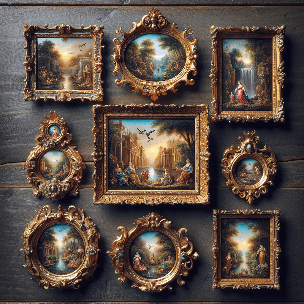 An intricately detailed image of a remarkable art collection comprising of seven precious miniature paintings. These small yet stunning pieces of art range from various eras in history, each reflecting the remarkable skill and attention to detail of their creators. The collection features a variety of subjects, from majestic landscapes to peaceful pastoral scenes, delicate still life compositions to evocative portraits. The artwork is beautifully displayed within antique-style gilded frames, each one enhancing the excellence of its respective painting and adding an extra touch of historic charm.