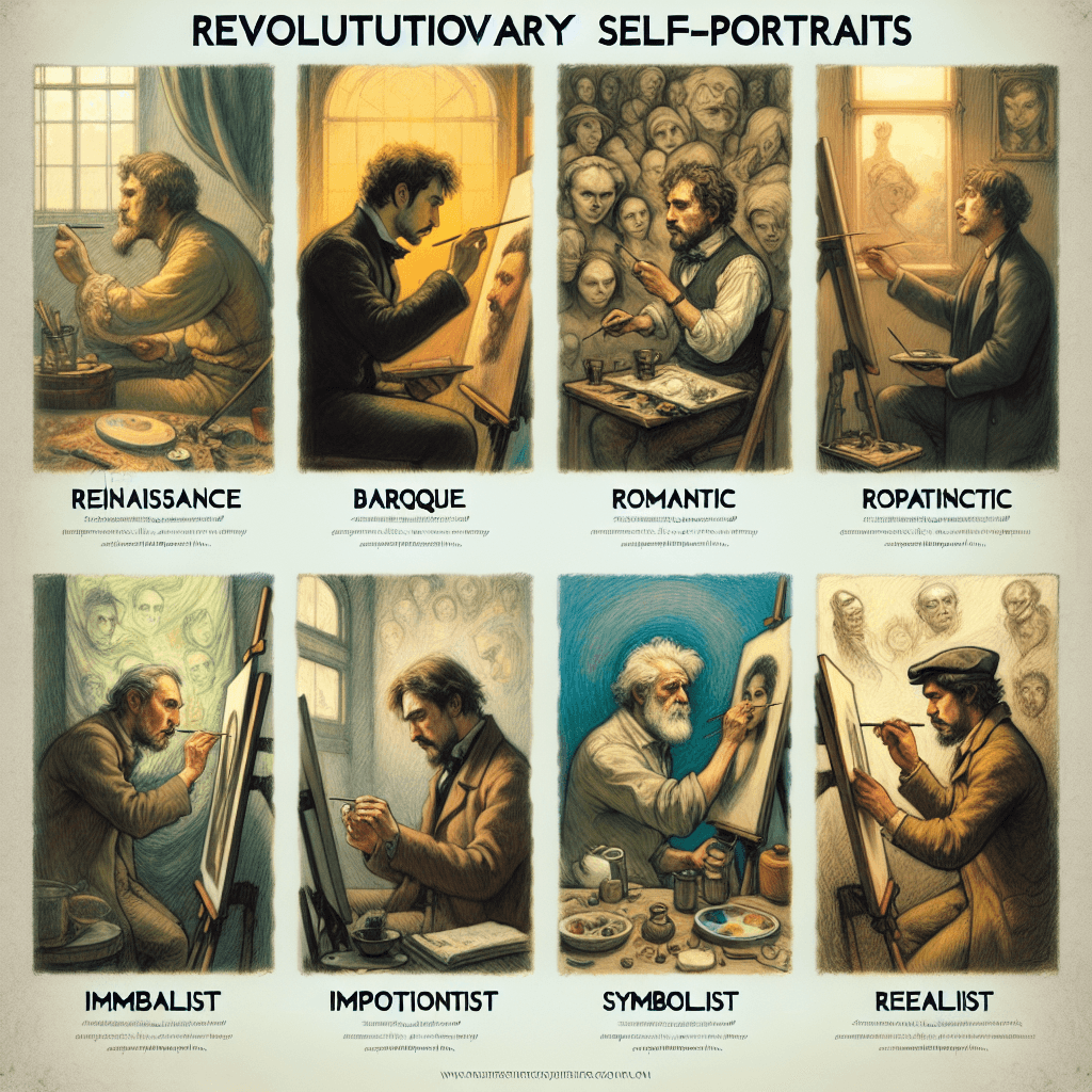 A visual representation demonstrating the theme of revolutionary self-portraits showcasing introspection and truth in art. The scene features six different inspired sketches of anonymous artists from six distinct periods of art history such as the Renaissance, Baroque, Romantic, Impressionistic, Symbolist, and Realist eras. Each artist should be immersed in their own creative process, capturing their facial expressions, postures and surroundings in their unique styles. Their respective art style should be reflected vividly on their portraits, revealing their distinct interpretations of self, reality, and their concept of truth. The entire artwork should echo the vibration of introspection and revolutionary truth-seeking in art.