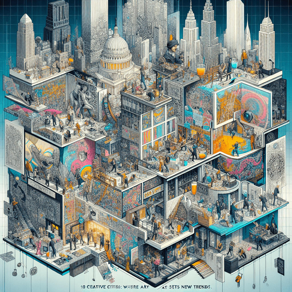 An intricate cityscape showcasing ten distinctive sections, each reflecting a unique artistic movement establishing new trends. The sections feature captivating architecture and public art installations. Artists, of diverse genders and descents, are seen actively creating art, engaged in painting murals on walls, sculpting statues, designing modern buildings, and participating in street performances to sketch a vivid definition of creativity. Multiple cultural influences entwine harmoniously in this metropolis, presenting a fertile ground for artistic innovation and trend-setting. A banner headline reads: '10 Creative Cities: Where Art Sets New Trends.'