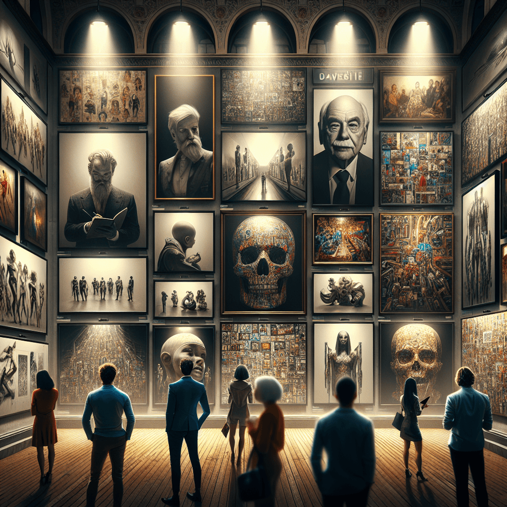 A grand exhibit hall filled with eclectic pieces of art. Portraits, sculptures, abstract paintings, and modern installations are brought together, reflecting a broad range of artistic tastes. The spotlighted pieces illuminate the faces of five people of different descents and genders, each deeply engrossed in scrutinizing the artworks. These are not artists, but influential art collectors, each one invested their time and resources nurturing undiscovered talents. A crowd mingles among the collection, highlighting the societal impact these collectors have. The image evokes the spirit of the modern art world, fueled by passion and dedication.